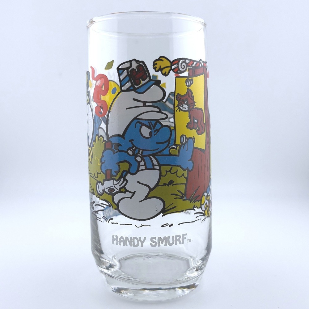 Vintage 1983 Handy Smurf Glass Tumbler Wallace Berrie Peyo Collectible Retro 80s